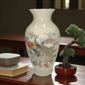 Vintage Japanese Satsuma Vase Hand Decorated and Signed 6” Peacock and Floral